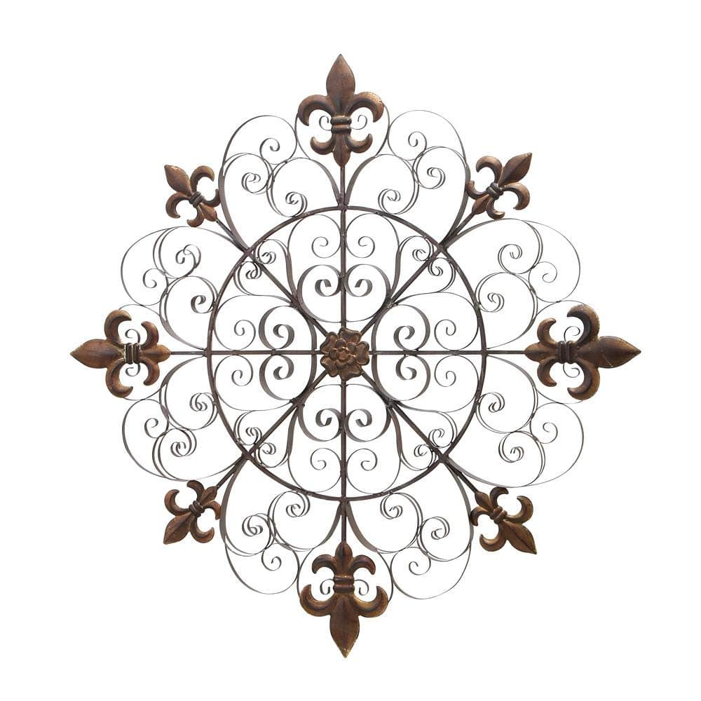 Rustic Farm Home Large Unique Fleur De Lis Round Metal Wall Scroll Decor