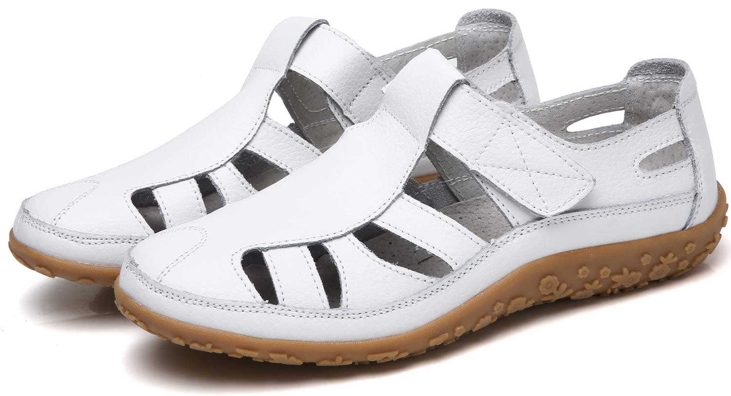 Women's Closed Toe Sandals Soft Leather Flat Casual Shoes Breathable Hollow Out Walking Shoes Ladies Summer Shoes