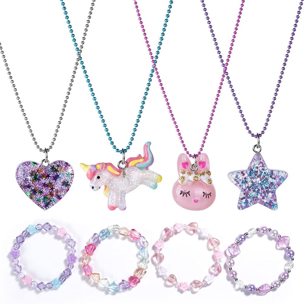 Maelovebunny 8pcs Kids Jewellery Sets, Girls Unicorn Necklace and Bracelet,Girls Neclaces Bracelets,Princess Dress Up Jewellery,Toddler Kids Play Necklace Bracelet Set