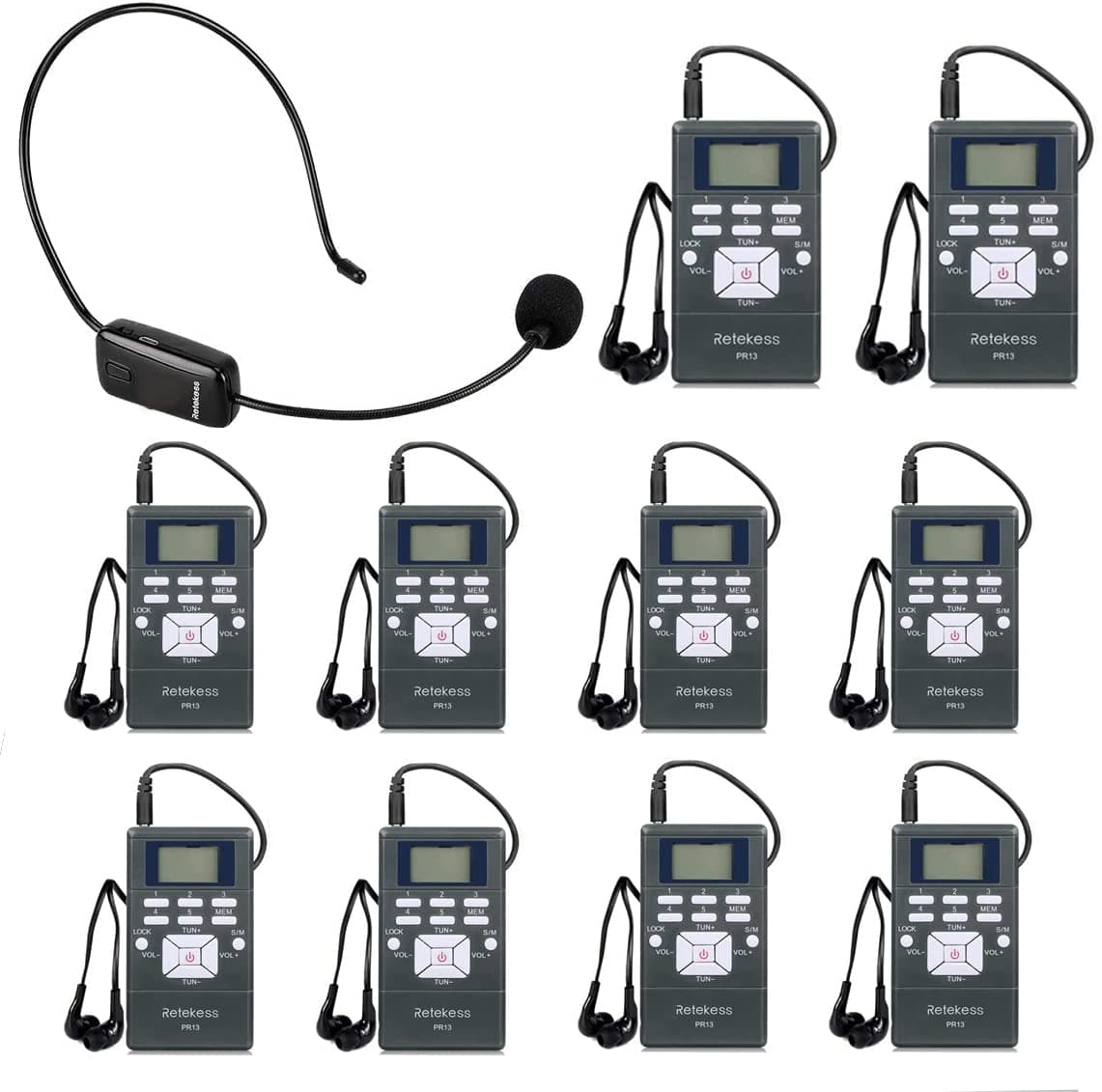Retekess Church Translation System with 1 TR503 FM Transmitter Headset and 10 PR13 FM Radio Receivers, Listening System for Factory Museum School Church (1 Transmitter 10 Receivers)