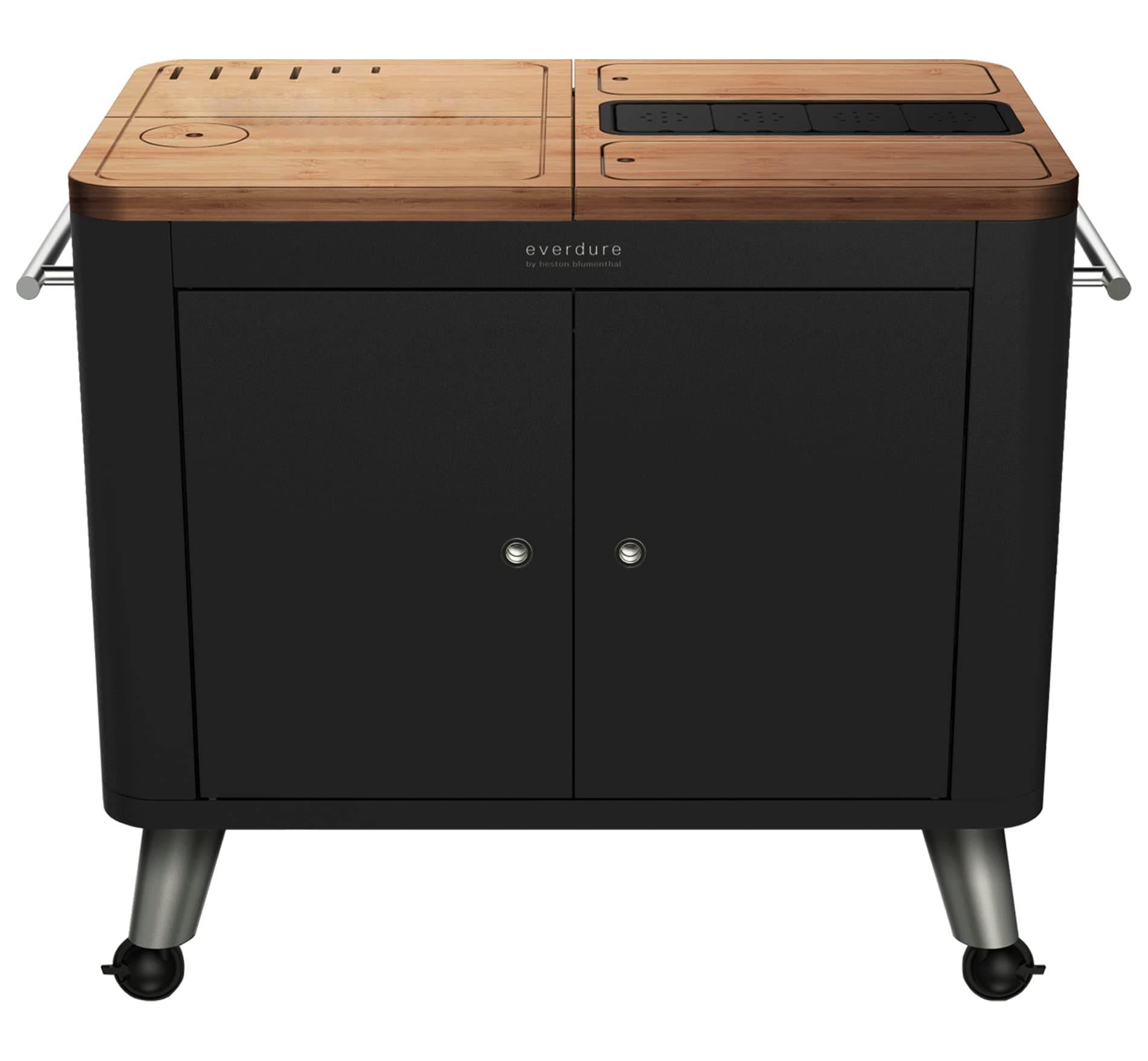 Everdure Mobile Prep Kitchen, 40-Inch Indoor/Outdoor Kitchen Island, Rolling Cart with Lockable Wheels, Equipped with Built-in Cutting Board and Serving Trays, Matte Black