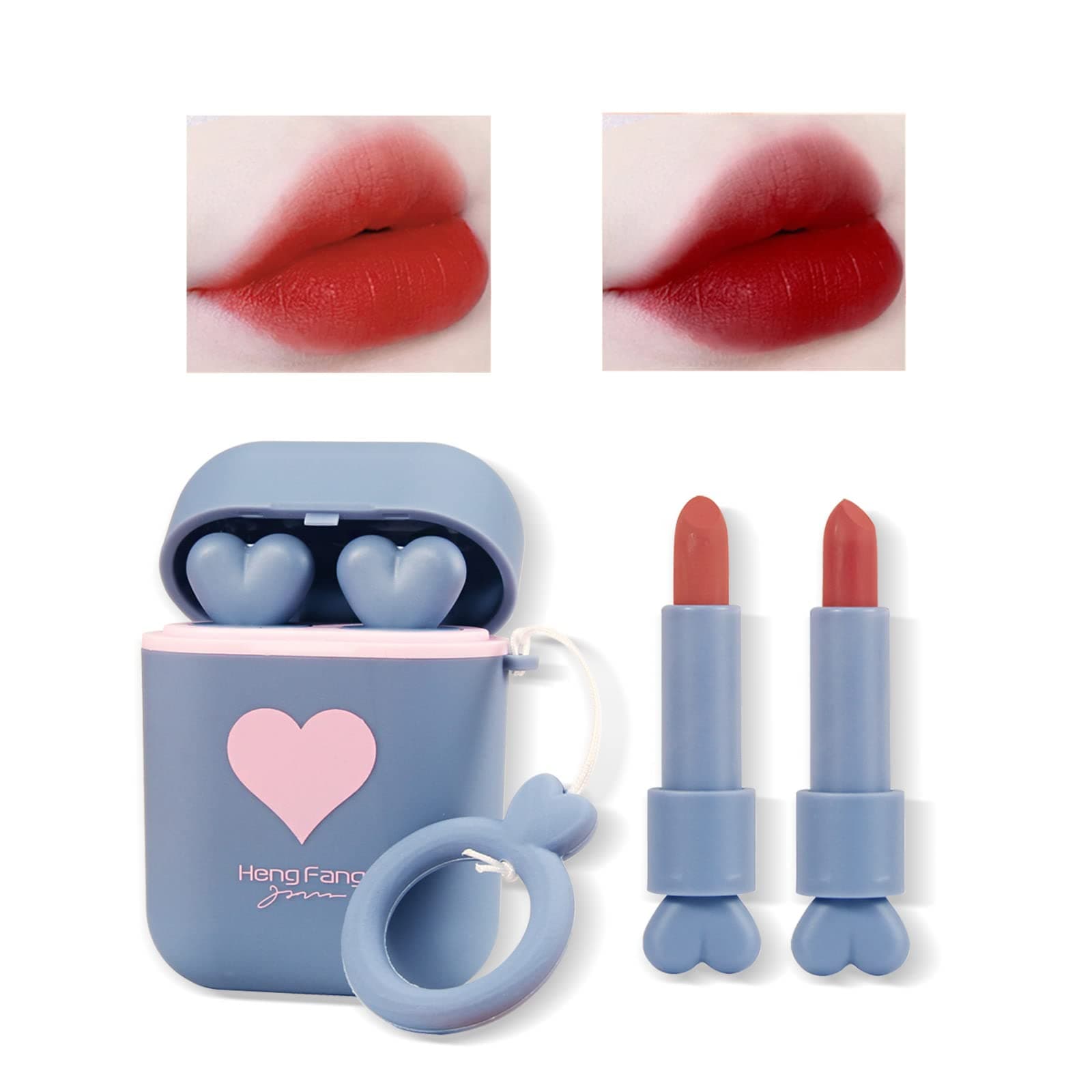 Matte Lipstick, 2Pcs/Set Waterproof Long Lasting Moisturizing Lip Stain Earphone Dual-color Lip Tint Gloss, Non-stick Cup Lip Make Up Gift Kit for Girls (Blue)