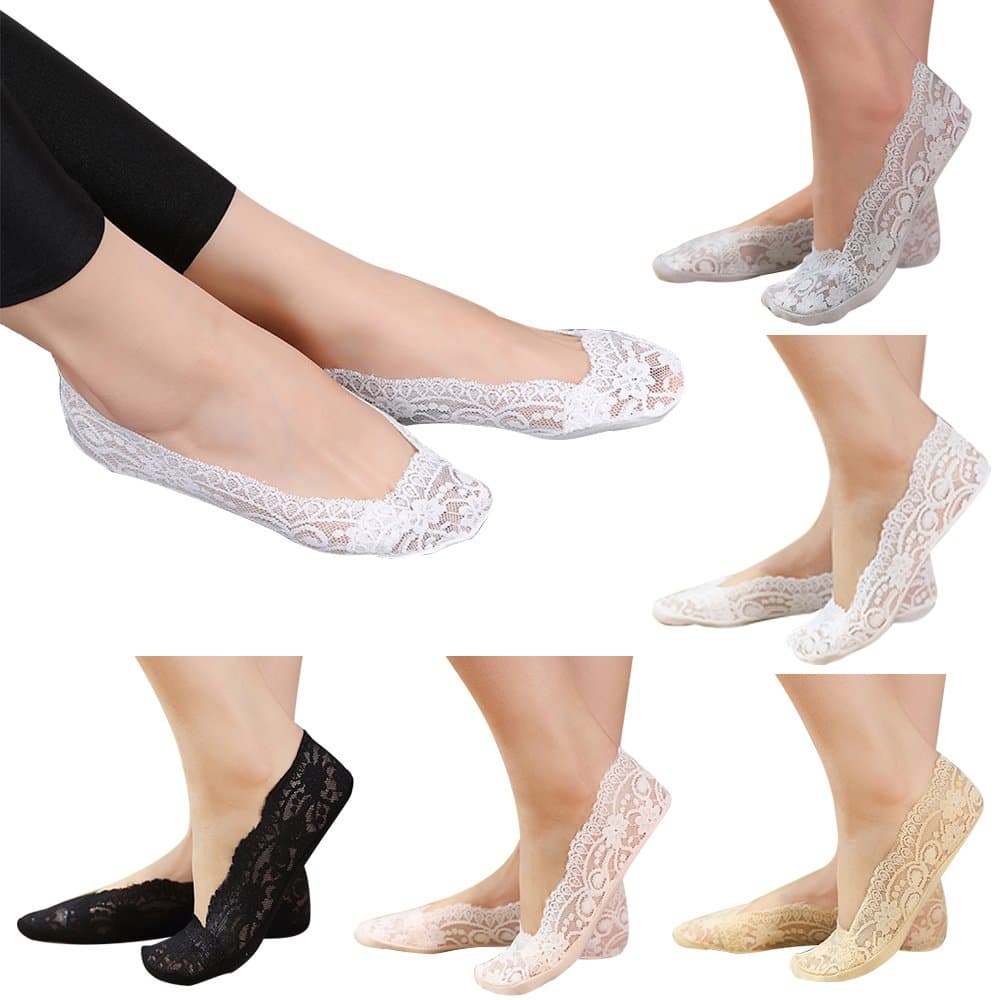 AHG 5 Pairs Womens Ladies Girls Skin Shoe Liners Footsies Invisible Thin Lace Socks Sheer, Great Flower Lace Footsies
