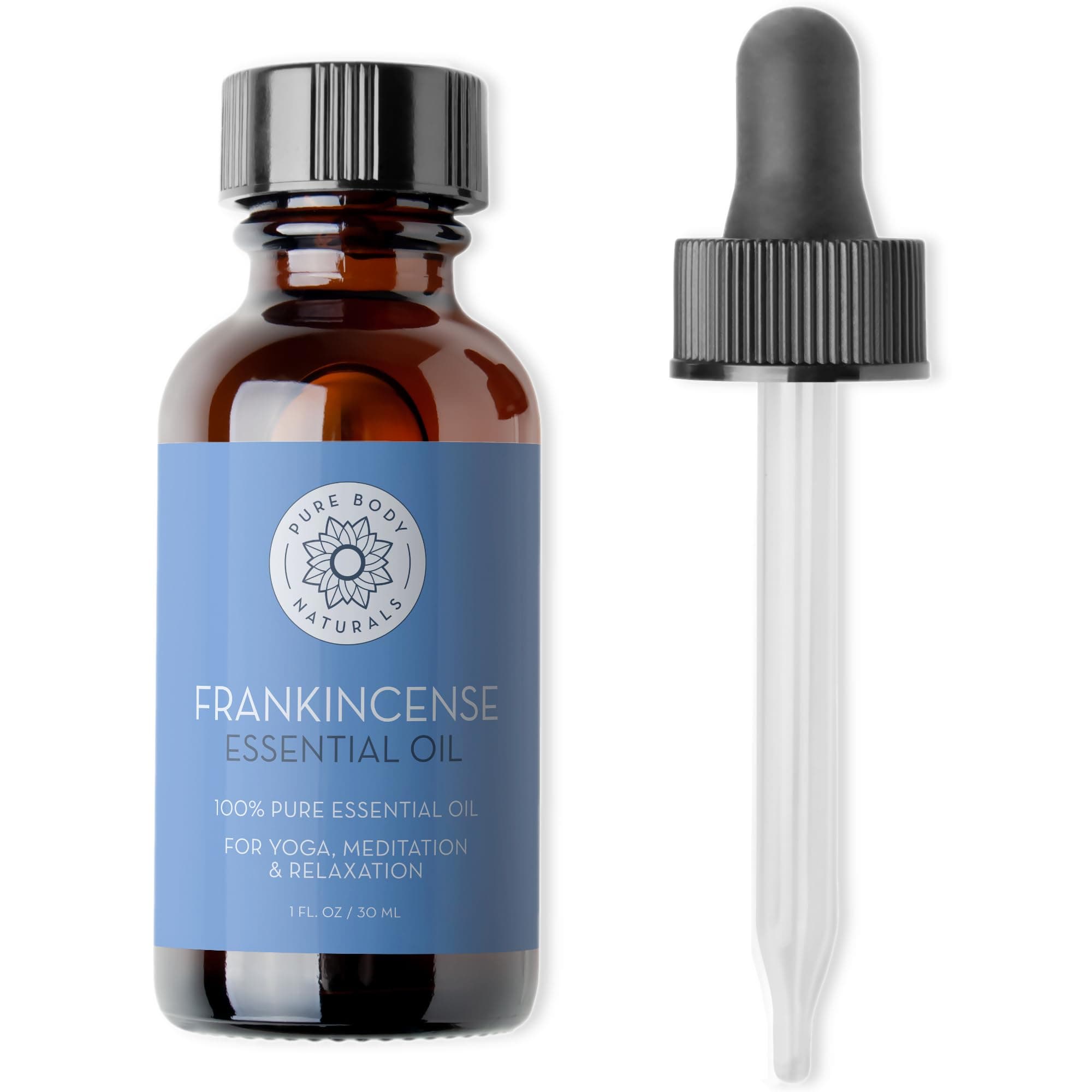 Pure Body Naturals Frankincense Essential Oil, 1 fl oz - Pure and Undiluted Therapeutic Grade - for Diffuser and Skin, Meditation and Yoga - Includes Glass Dropper