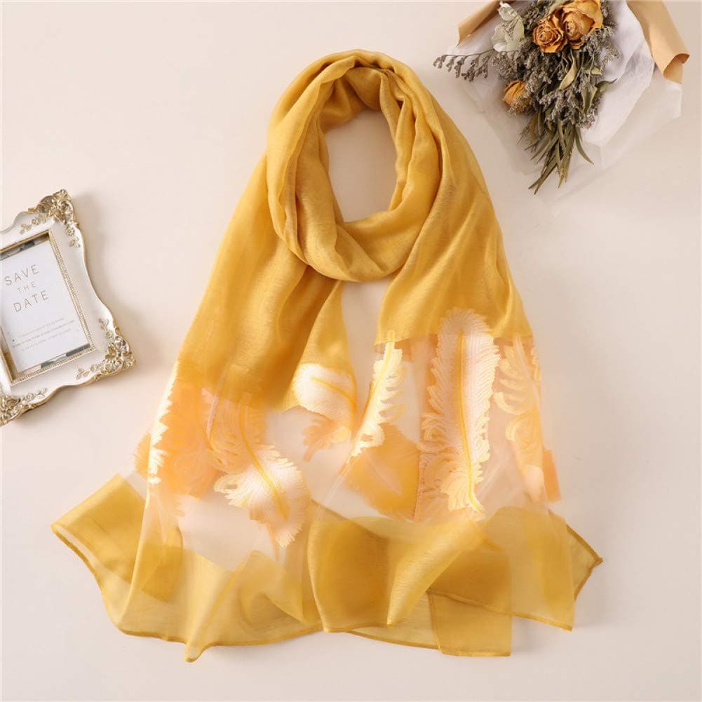 GSDWJ Feather Pattern Silk Scarf Women Summer Sunscreen Beach Stoles Decorate Bandana Scarves 190X70Cm