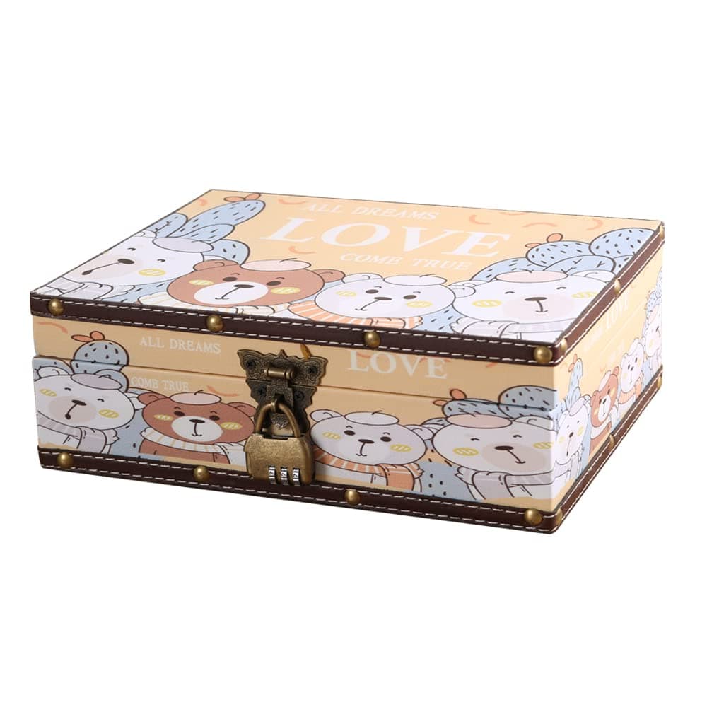 Wood and Leather Treasure Chest with Lid and Lock-Decorative Jewelry Keepsake Storage Box for Girls Women ,for Birthday Wedding Nursery Office Home Decoration, Lovely Bear Pattern (10.6"*8.5"*3.7")
