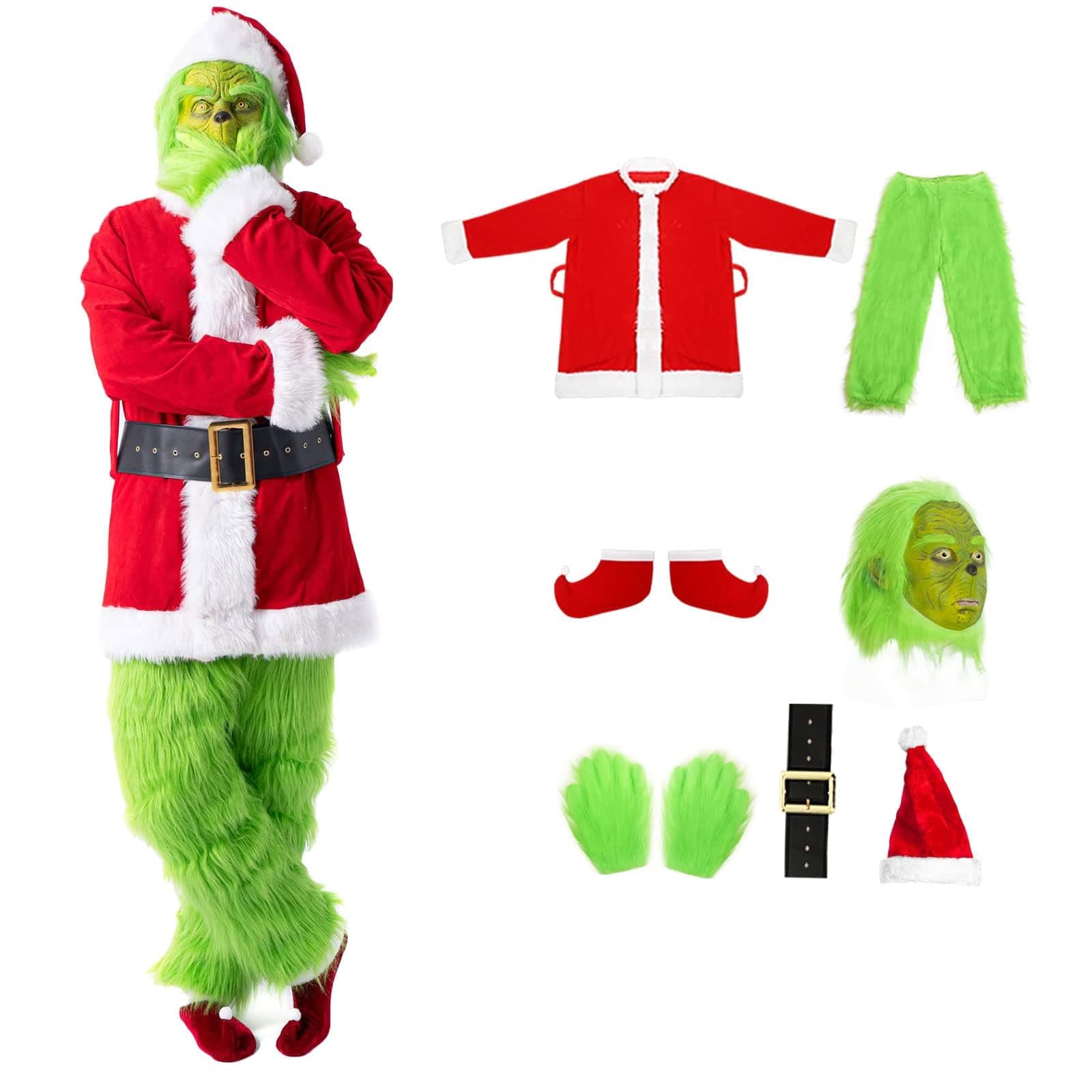 Applysu Adult Costume Set 7PCS, Halloween Christmas Costume for Men Deluxe Furry Adult Santa Suit Outfit