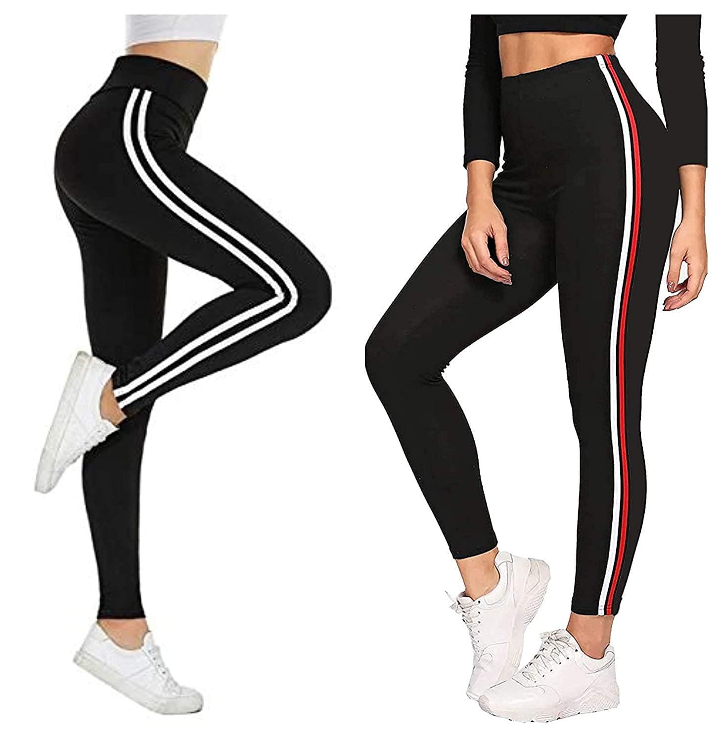 Gym wear Leggings Ankle Length Free Size Combo Workout Trousers | Stretchable Striped Jeggings | Yoga Track Pants for Girls & Women (Pack of 2-Free Size 28-34 Inch)