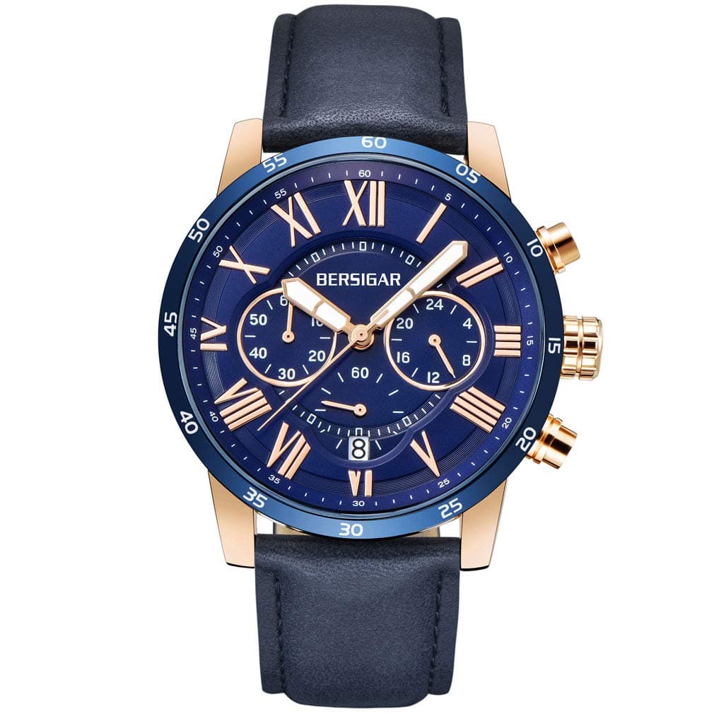 BERSIGAR Waterproof Chronograph Watches Business Casual Roman Numerals Leather Band Wrist Watch for Men (Blue)