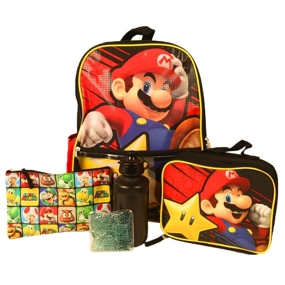 Kids Super Mario Backpack with Lunch Bag Set for Boys & Girls, 16 inch, 5 Piece Value Set