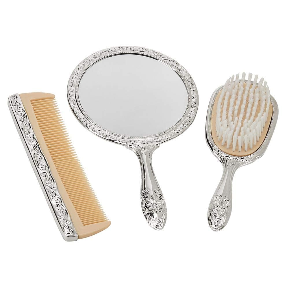 Creative Gifts International Nickel Plated Brass, Non-Tarnished 3-Piece Vanity Set, Brush, Comb, Mirror Set With Embossed Ornate Vintage Designs, Gift Box Included