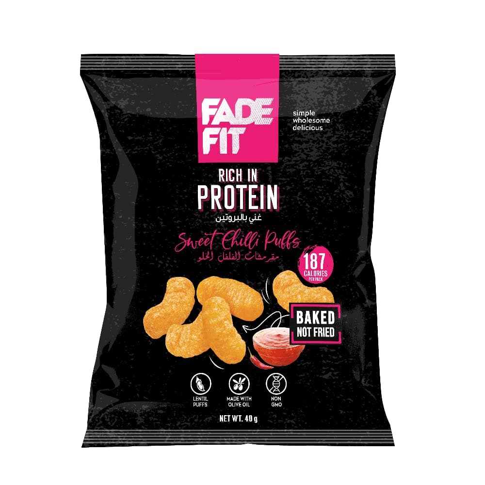 Fade Fit Sweet Chili Protein Puffs, Protein Packed (Protein 6.5g), Made with lentils, Baked not fried, Made in Olive Oil