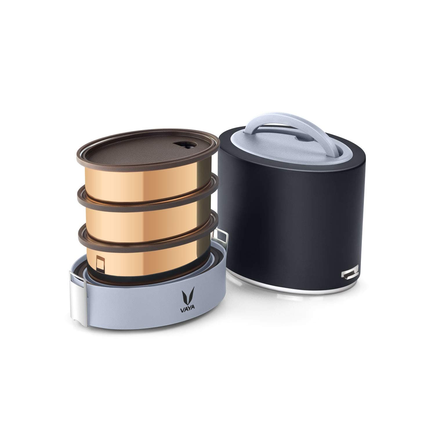 Vaya Tyffyn Copper-Finished Stainless Steel Lunch Box without Bagmat, 1000 ml, 3 Containers, Black