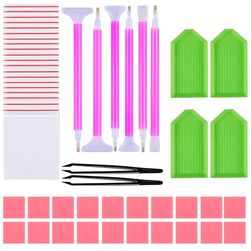 HERAID ZJKOO 52PCS DIY Diamond Painting Tools Kit,Diamond Embroidery Set,Cross Stitch DIY Embroidery Set with Quick Point Pen/Tray/Glue/Tweezers/Bags