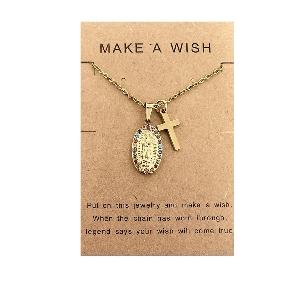 HewillCross Virgin Mary Necklace Stainless Steel Miraculous Medal Coin Necklace for Women Men Religious Christian Necklace Jewelry Christmas Gift