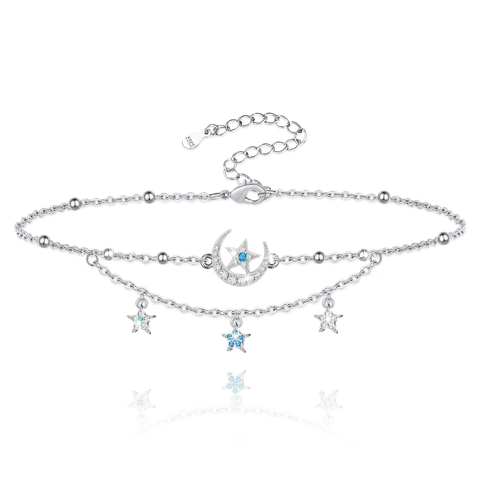 925 Sterling Silver Anklet for Women Universe Moon and Star Layered Anklet Bracelet Adjustable Beach Anklet Dainty Jewelry Gifts for Women Girls