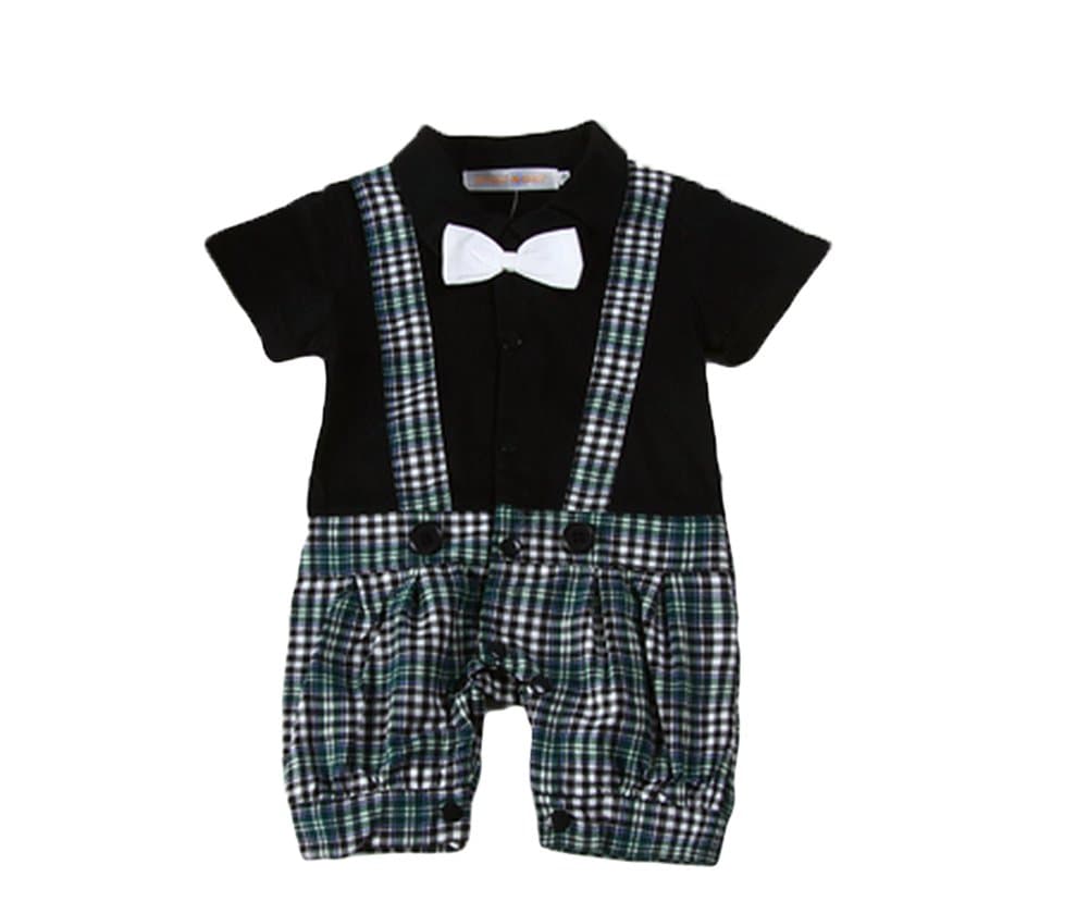 6-24m Baby Boys Bowtie Tuxedo Plaid Romper Onesie Wedding (80/6-12M, Black)
