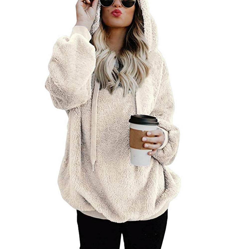 ZHMEI Women Blouse Sweatshirts Womens, New Casual Hooded Coat Winter Warm Wool Zipper Pockets Cotton Coat Oversize Outwear