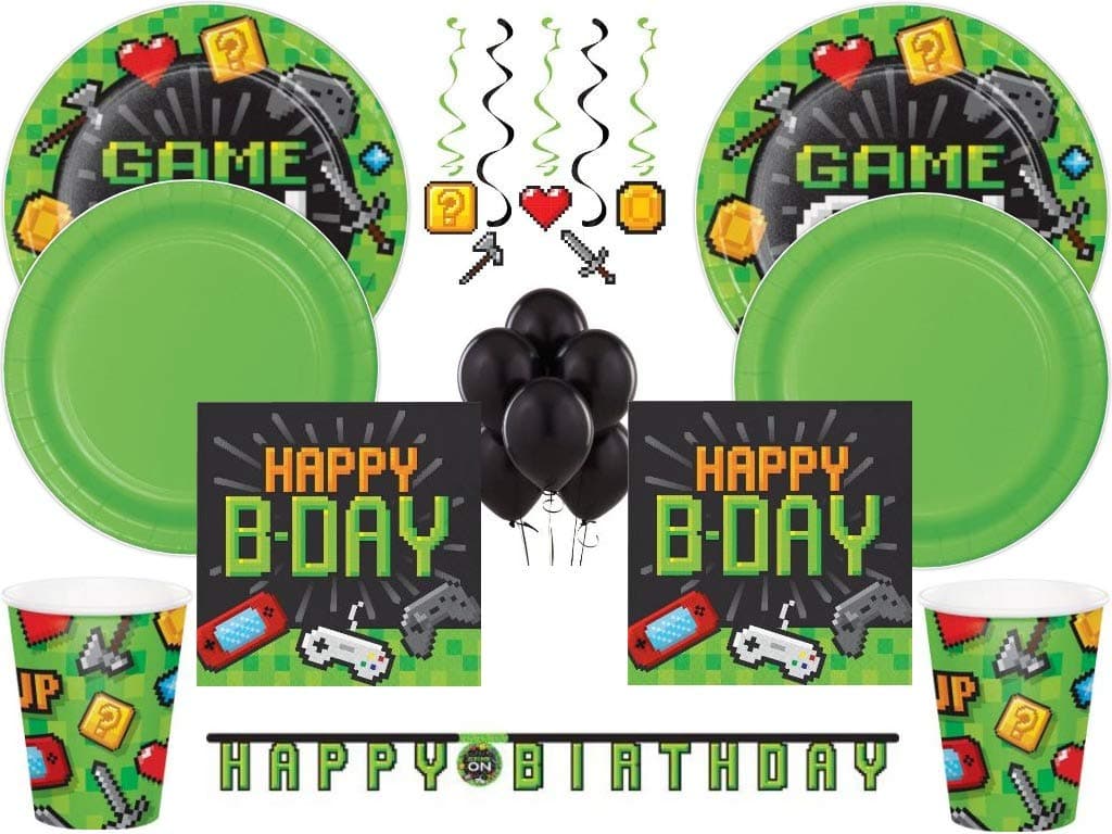 Boys Gaming Mindcraft Birthday Party Deluxe Tableware and Decoration Party Kit for 24 (125 Pieces)