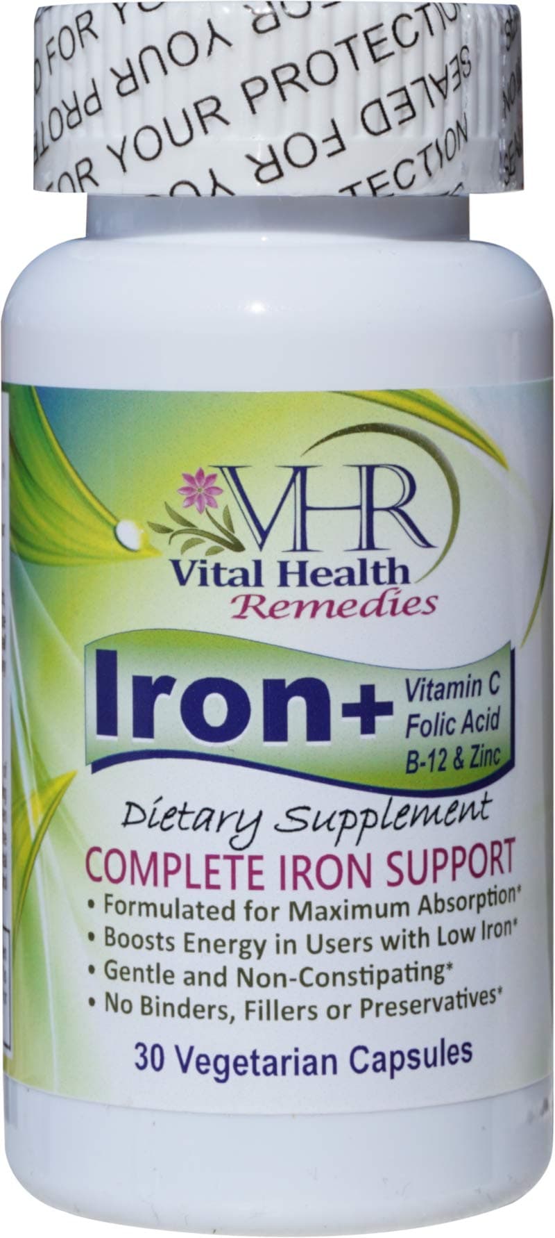 VHR Iron+ with Vitamin C, FOLIC Acid, B-12 & ZINC Preservative-Free, Gentle and Non-constipating, Boosts Energy, Supports Red Blood Cell Formation, Formulated for Maximum Absorption. 30 Veggie caps