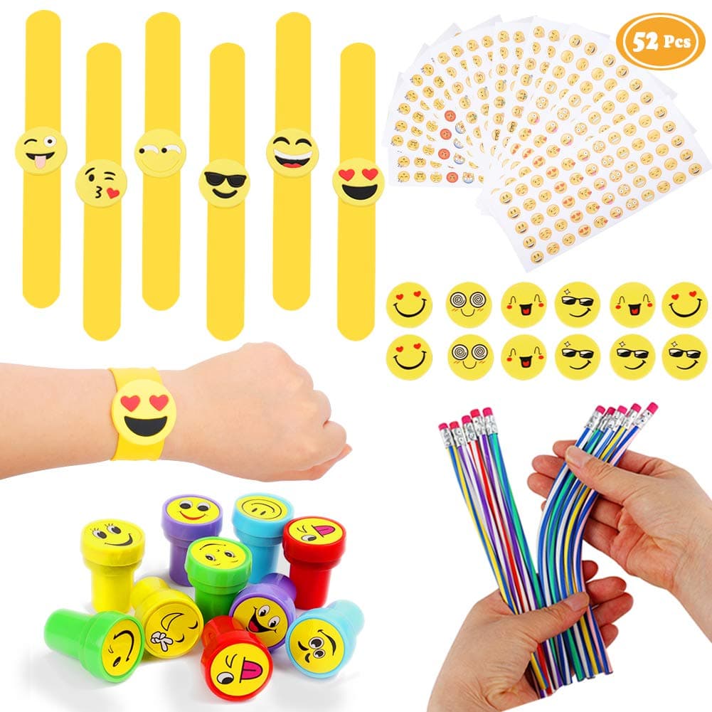 52 PCs Emoji Party Bag Fillers for Kids, Emoji Stickers Bendy Pencils Erasers Stamps Slap Bracelets, Emoji Party Favours Students Birthday Gifts School Stationary Prizes for Kids Classroom
