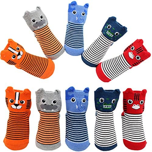 Cartoon Anti Slip Toddler Baby Boy Socks 3D Animal Cotton Ankle Sneakers 5 Pair Pack for 12-36 Months