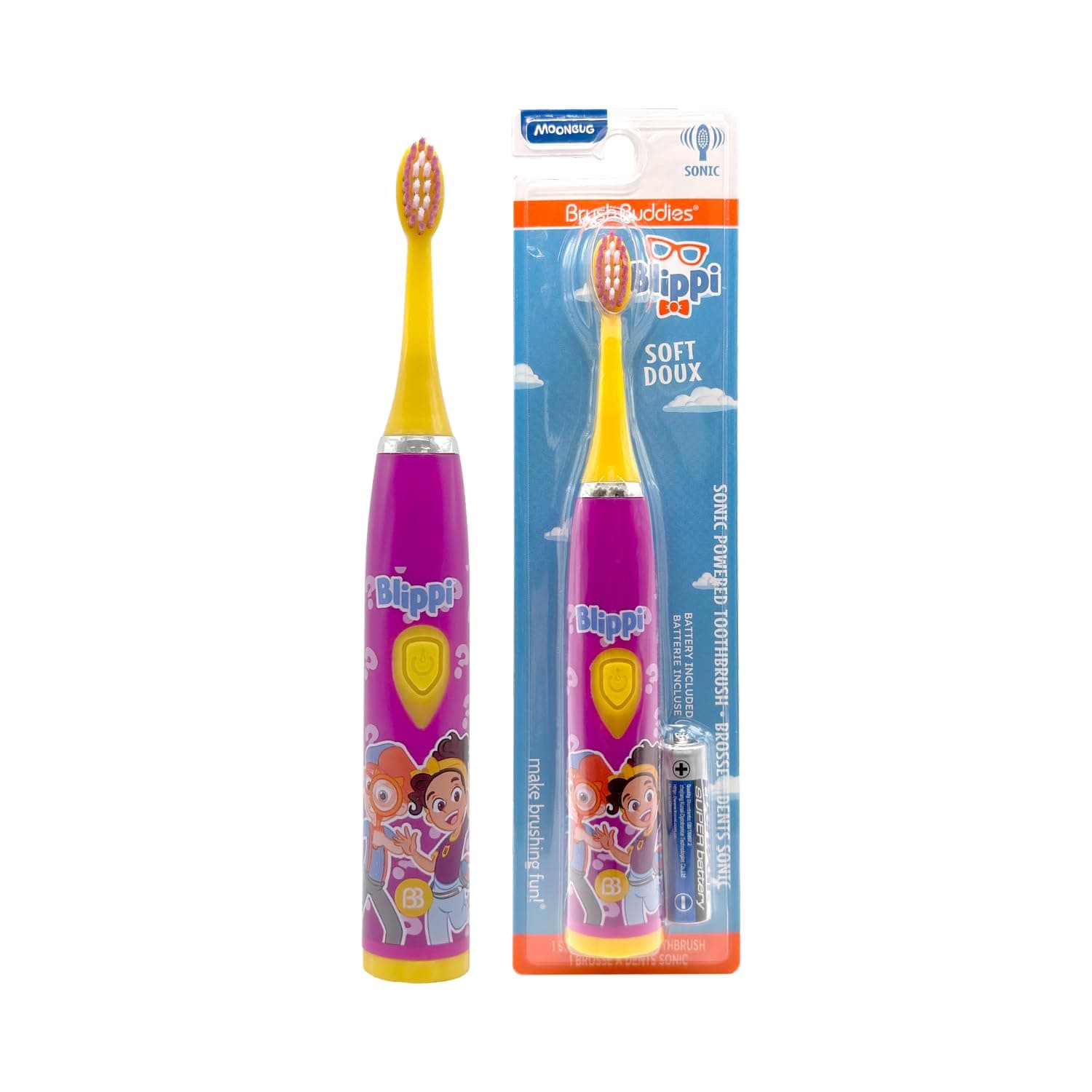 Brush Buddies Blippi Electric Toothbrush for Kids Battery Powered Sonic Toothbrush Soft Bristles Kids Toothbrush for Boys and Girls Toddlers Oral Care Blippi Character Design (Purple)