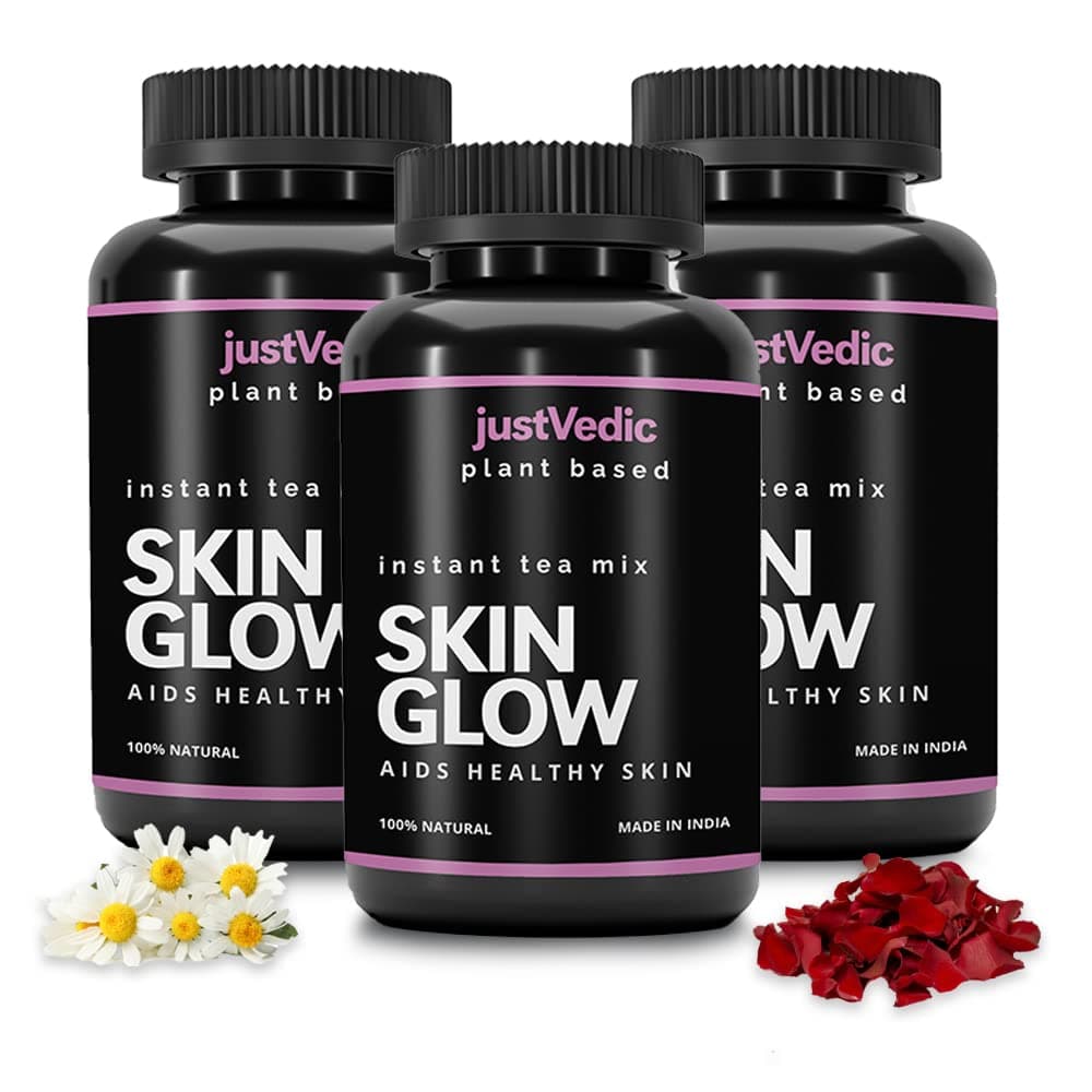 Justvedic Skin Glow Drink Mix - ( 3 Months Pack, 600 Grams ) - Helps in Skin Nourishment, Hydration & Detoxification - Skin Glow Drink for Women and Men - Skin Glow Drink Powder