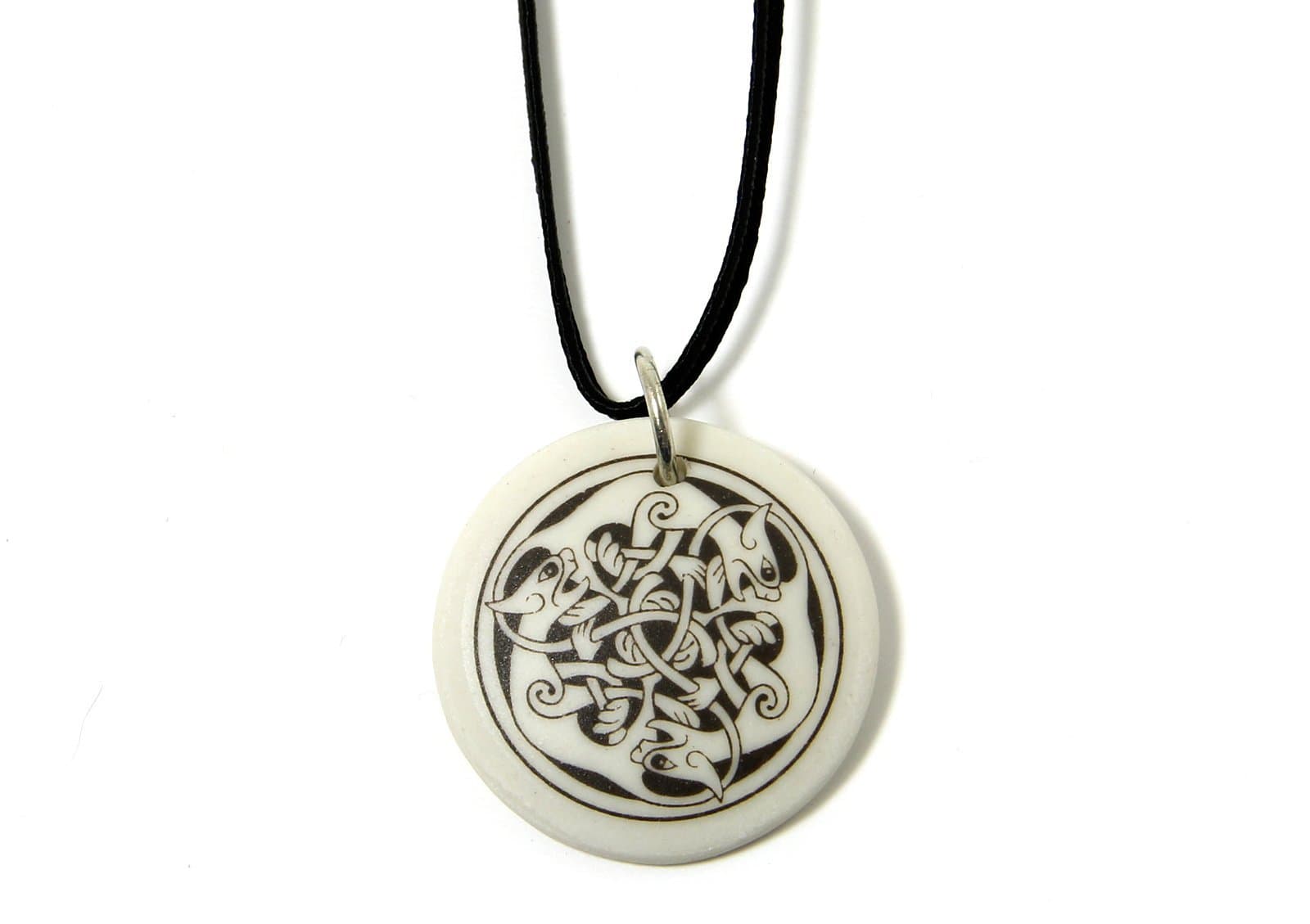 Celtic Cat Necklace Ceramic Round Pendant on Cord