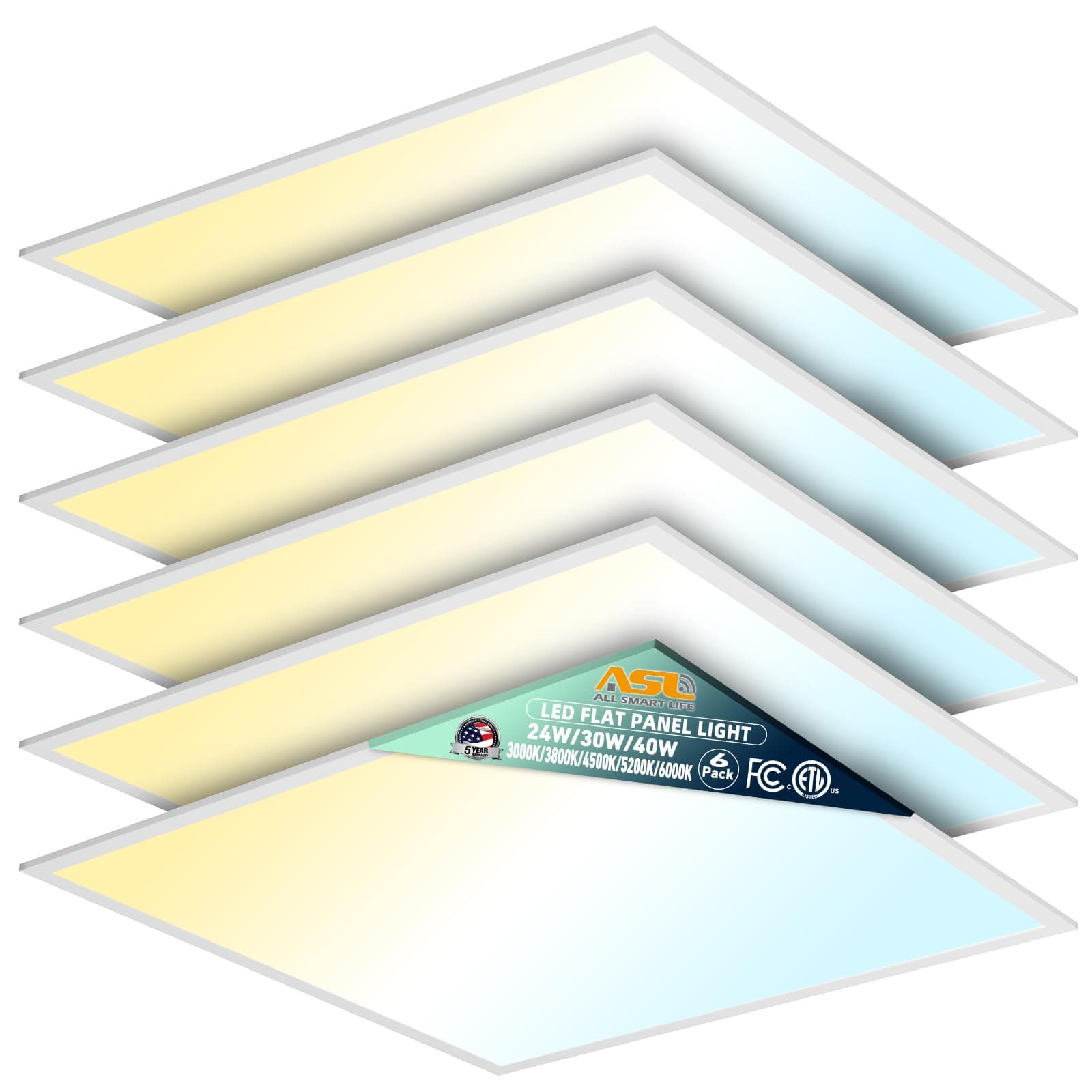 Allsmartlife 2x2 LED Flat Panel Light 6-Pack, Dimmable, 5CCT Options (3000K-6000K), 24W/30W/40W, Back-Lit 2x2FT LED Troffer Light Drop Ceiling for Commercial Office, ETL