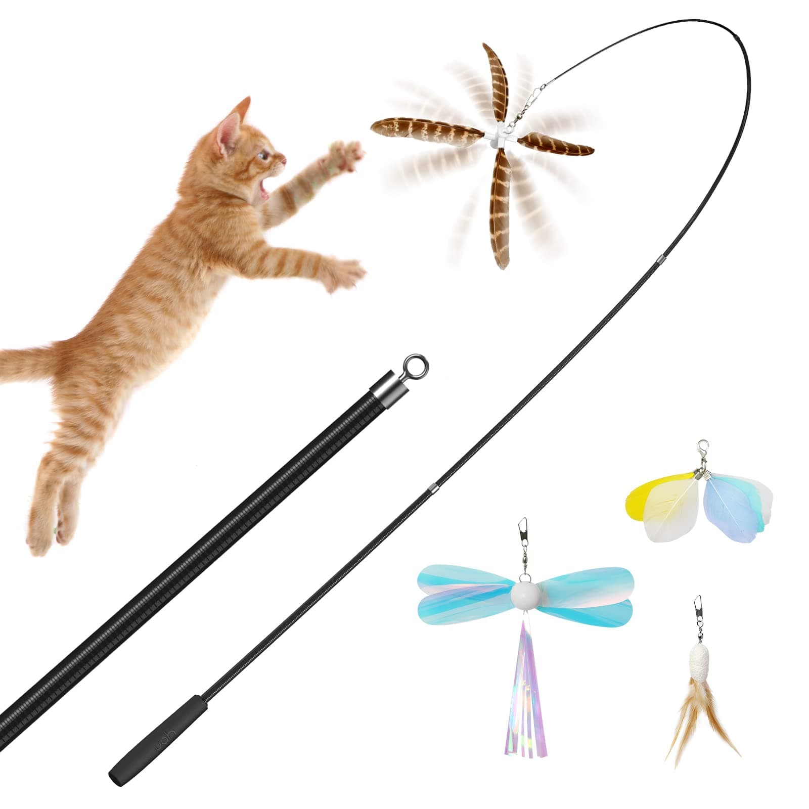 uahpet Natural Feather Cat Toys for Indoor Cats Retractable Kitten Wand 60inch Safe Hunting Distance Interactive Toys for Kittens with 4Pcs Senses Replacement Teasers Arouse Desire to Hunt