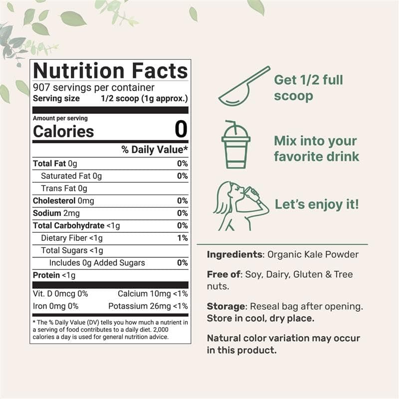 Sustainably US Grown, Organic Kale Powder, 2 Pounds | Fresh Freeze Dried Source | Nutrient-Dense Greens Superfood | Kale Tea and Green Drink Mix | 907 Servings, No GMOs, Vegan Friendly