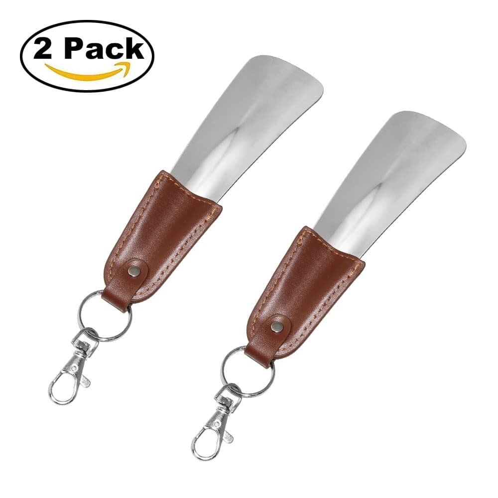 Htianc ShoeHorn, 2PCS Stainless Steel Shoe Horns with Leather for Travel, Home, 17cm Length, Silver