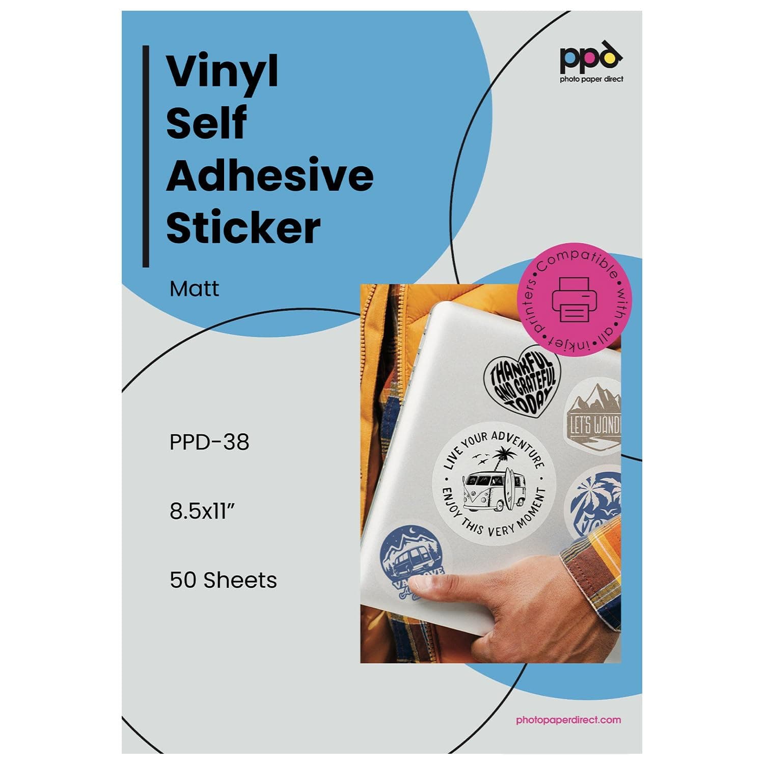 PPD Premium Printable Vinyl Sticker Paper for Inkjet Printer - 50 Sheets Matt Sticker Paper 8.5 x 11 - Self-Adhesive, Waterproof, Tear Resistant, Instant Dry - PPD-38-50