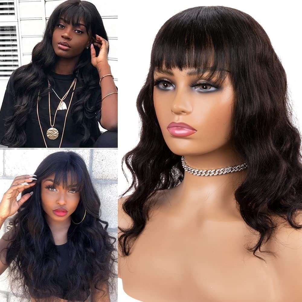 ISHINEHuman Hair Wigs for Black Women Body Wave Wig with Fringe Brazilian Virgin Curly Human Hair 150% Density Natural Black