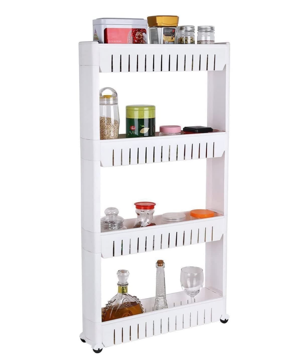 SKY-TOUCH Storage Cart 4 Tier, Slim Rolling Storage Cart Kitchen Shelves Organizer For Kitchen Bathroom Laundry Office Narrow Places With Wheels White