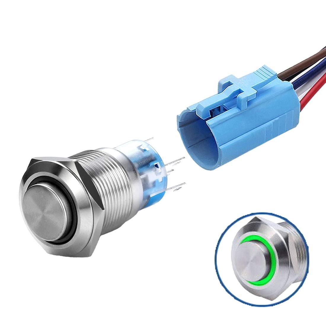 WerFamily High Round Cap Ring 12V Green LED 19mm Momentary Push Button Switch 1NO 1NC SPDT ON/OFF Waterproof Stainless Steel Metal with Wire Socket Plug