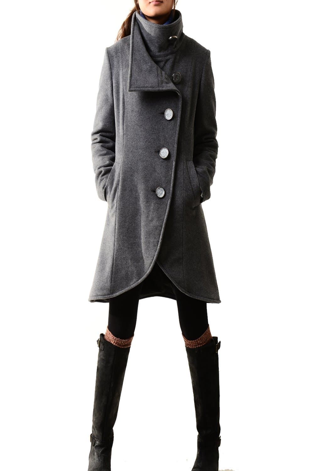 Idea2lifestyle Women's Cashmere Coat Crystal Buttoned Gray