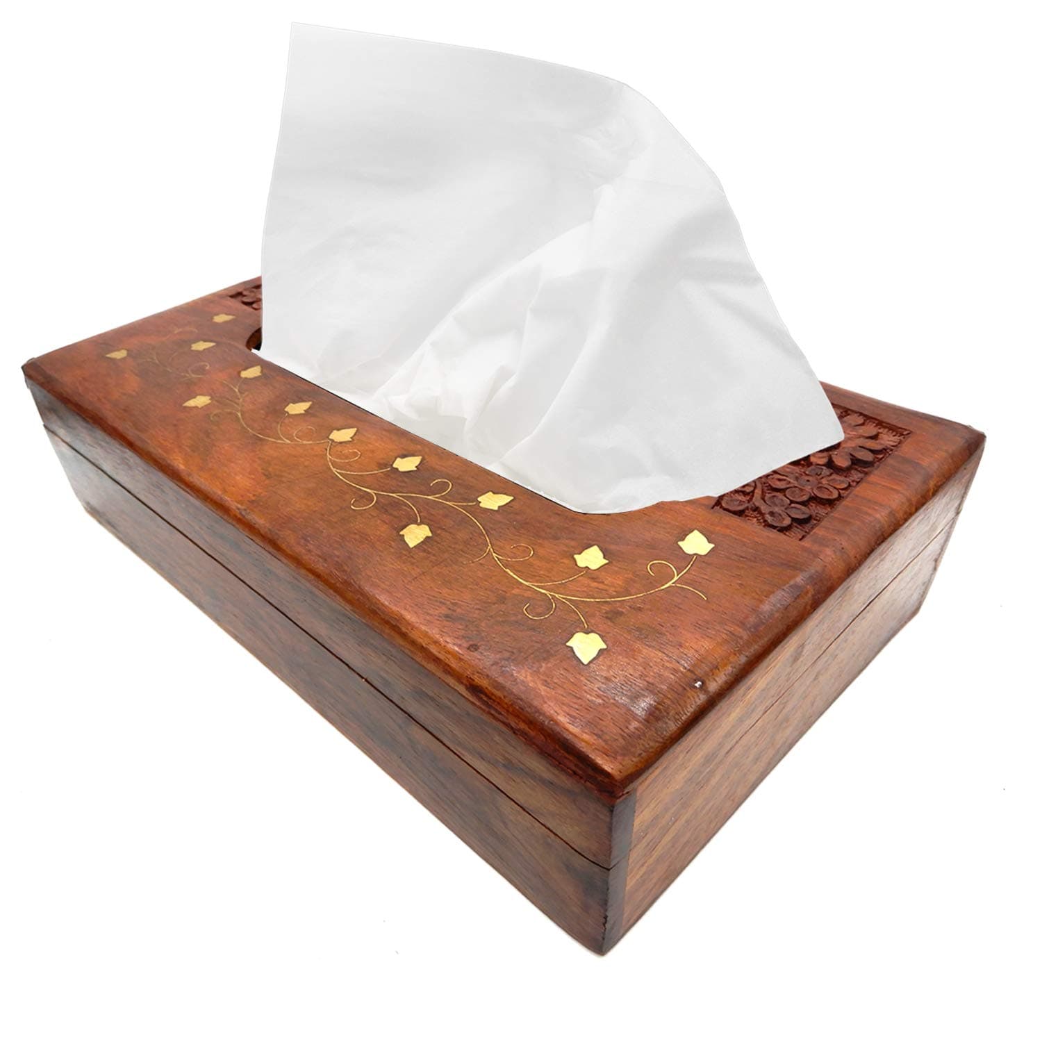 IndiaBigShop wooden Handmade Rectangular Rosewood Tissue Paper Holder With Decorative Brass Inlay/Carving Work Tissue Box 10 Inch