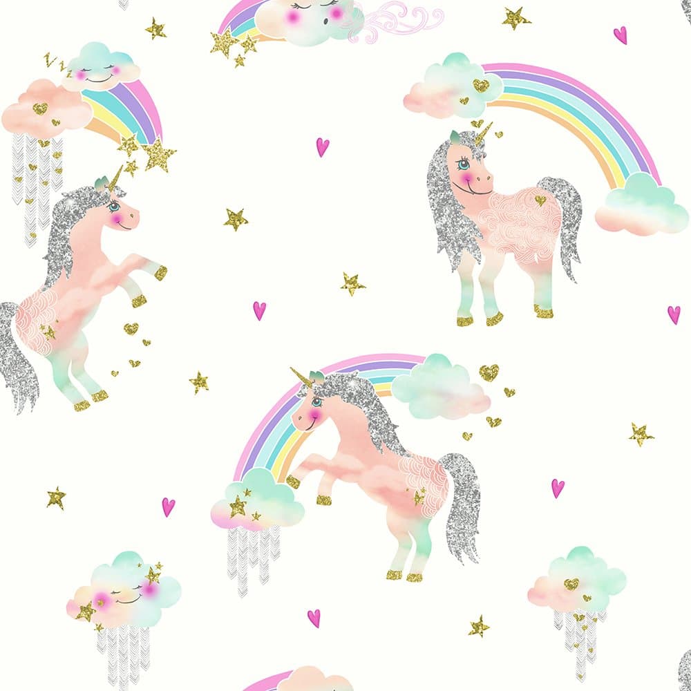 Arthouse Rainbow Unicorn White Wallpaper, 53 x 7