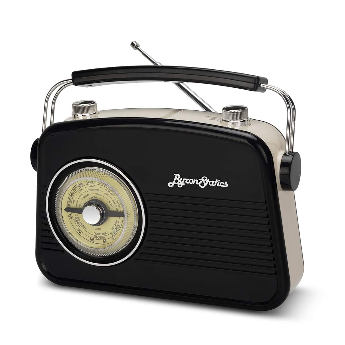 ByronStatics Black AM FM Radio - Small Portable Radios Vintage/Retro with Headphone Jack, Large Analog Rotary Tuning Dial - Power Plug or 4 x 1.5V AA Battery