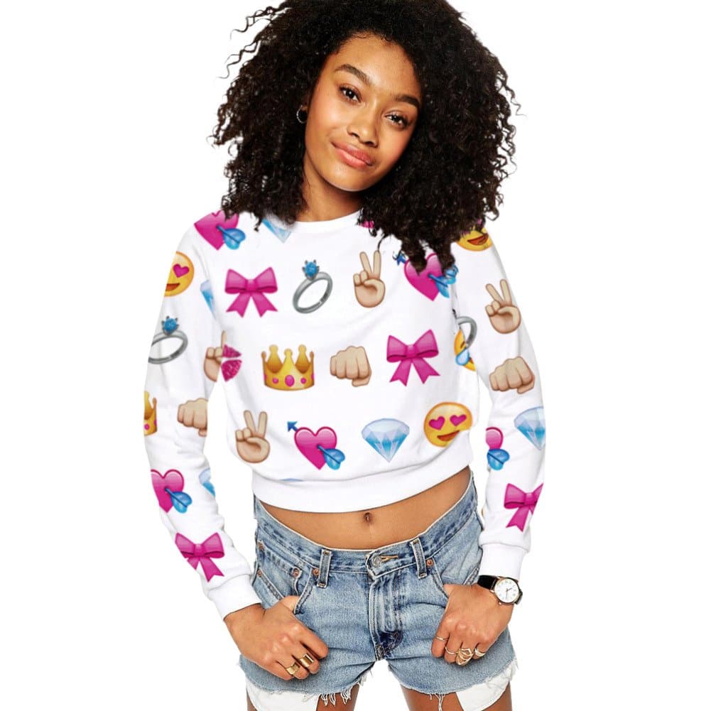 Sexy Women Long Sleeve Emoji Crop Top Sweatshirt Tops Sweat Shirt (S)