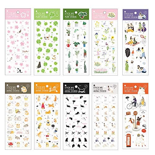 Stationery Sticker Set (10 Sheets) Kawaii Animal Succulent Potted Plant Cat Sakura Clover Hamster Shiba Inu Rabbit Bunny Floral Scrapbooking Planner Journal Diary Decorative DIY Craft Label (A)