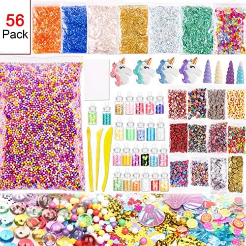 Slime Supplies Kit Slime Tools - 56 Pack Slime Making Supplies Include Slime Charms Glitter Slime Foam Beads Fishbowl Slices Shell Sugar Paper Unicorn Slime Sponge Slime Accessories