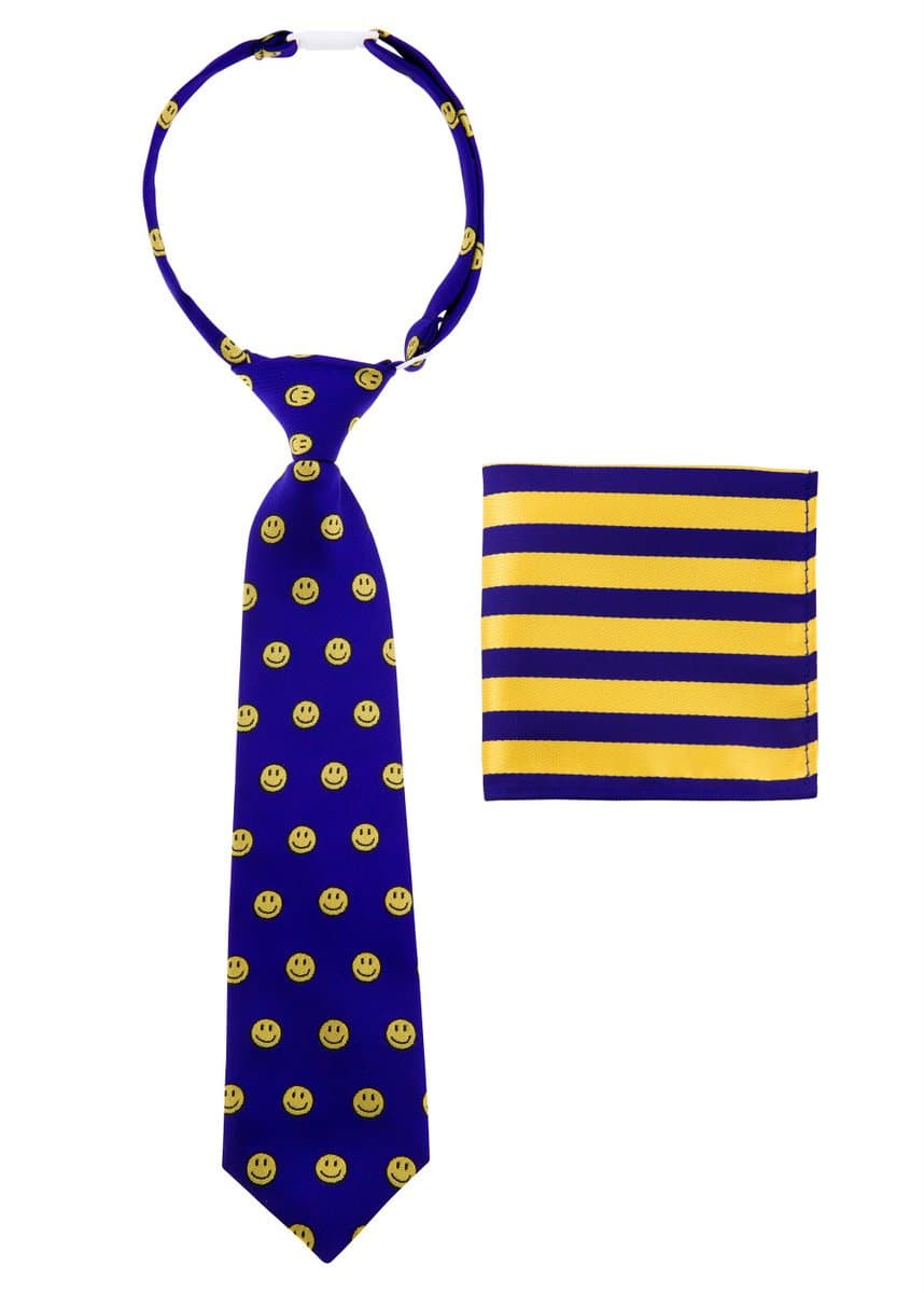 Canacana Smiley Emoji Woven Microfiber Pre-tied Boy's Tie with Stripes Pocket Square Gift Box Set - Purple and Yellow - 6-18 months