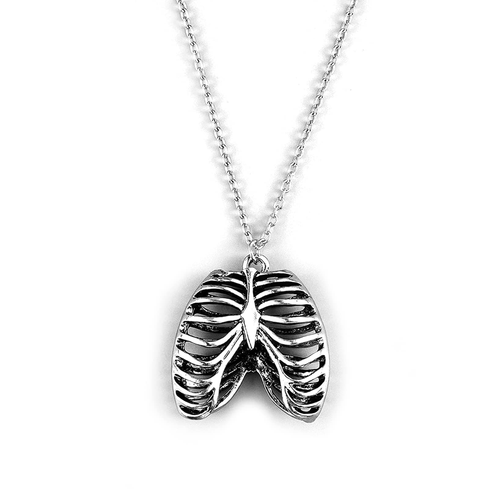 Punk Rib Cage Heart Pendant Necklace, Gothic Hollow Rib Cage Anatomical Heart Necklace for Women Men Doctor Couple Memorial Jewelry Valentines Day Birthday Halloween Skeleton