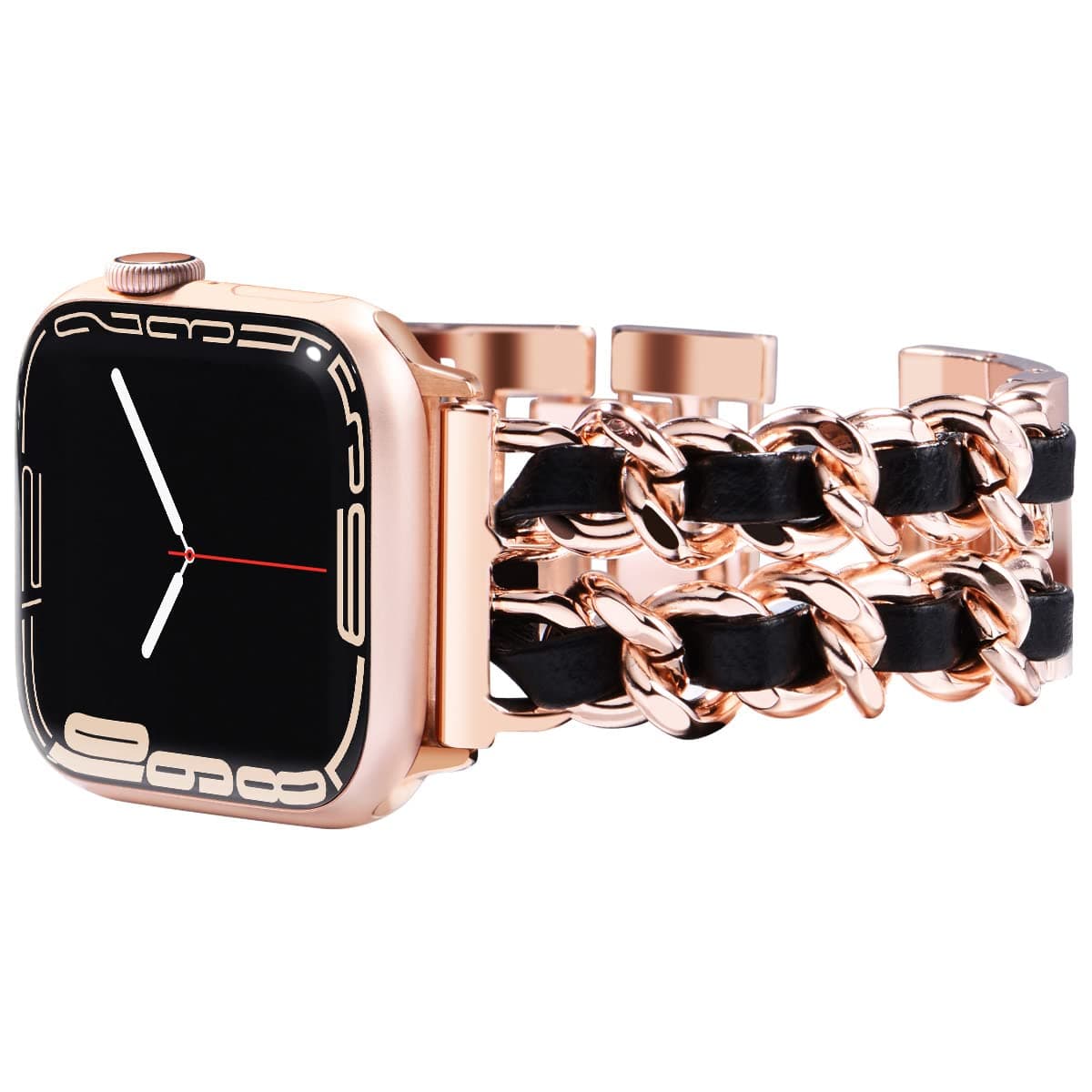 Surace Compatible with Apple Watch Bands 40mm for Women Bracelet Chain Compatible for Apple Watch Series 7 Series 8 Band 41mm Compatible with Apple Watch Band 38mm, Rose Gold Link with Black Leather
