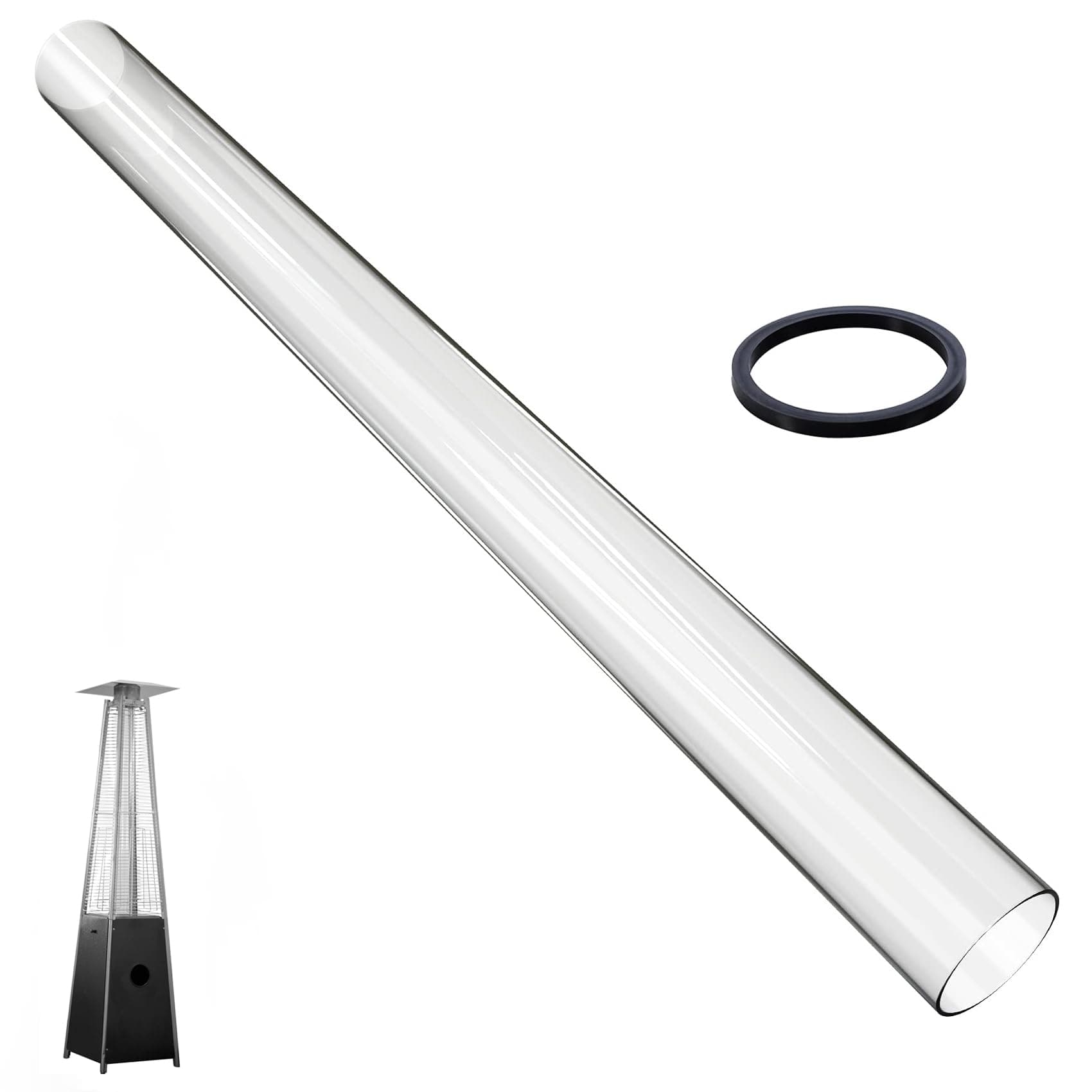 Patio Heater Glass Tube Replacement, 49.5 x 4" Patio Heater Replacement Parts with Ring, Outdoor Heater Replacement Parts for 4-Sided Pyramid Heater, Glass Tube Patio Heater for Hiland, fire sense