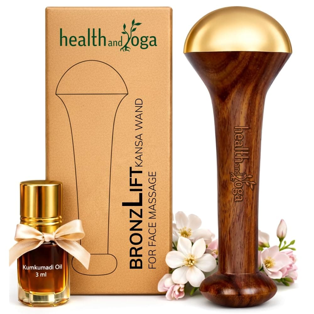HealthAndYoga® BronzLift Kansa Wand Facial Massage And Kumkumadi Face Oil - Bronze Ayurveda Face Yoga Beauty Tool - Facelift Effect- Reduces Double Chin- Sculpts Jawline & Cheekbones- Anti-Aging Stick (Single Dome)