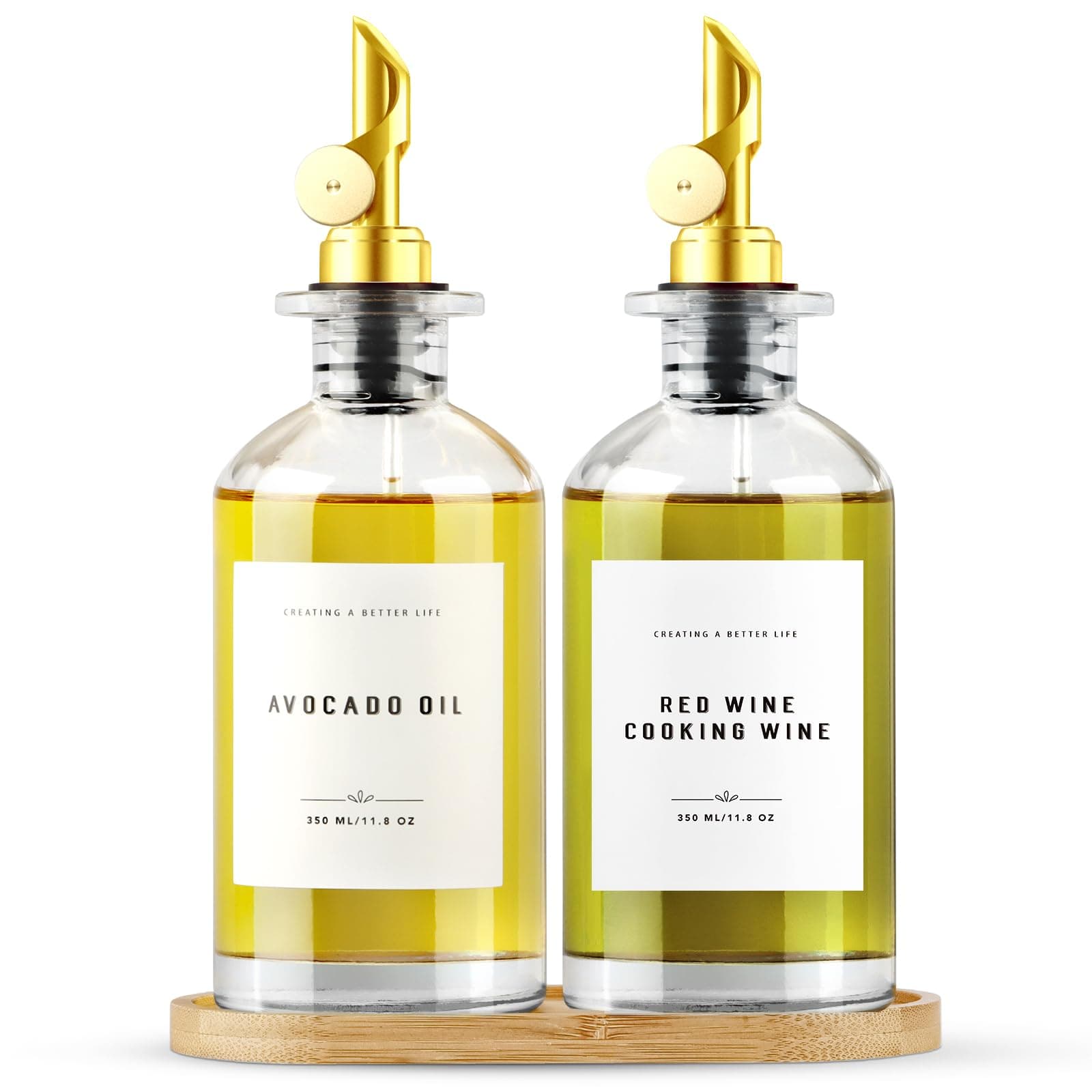 Olive Oil Dispenser Bottle with Bamboo Tray, Metal Pour Spout, Coffee Syrup & Cooking Oil Dispenser for Kitchen